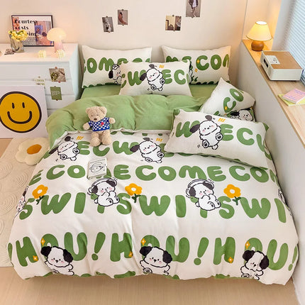 Cute Cartoon Panda 3pcs Duvet Cover Set Sage Green Thickened Milk Velvet Comforter Covers Boys Girls Bedding with Pillowcase