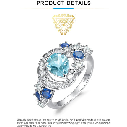 JewelryPalace New Arrival Moon Star 6.8ct Genuine Sky Blue Topaz Created Sapphire 925 Sterling Silver Statement Ring for Woman