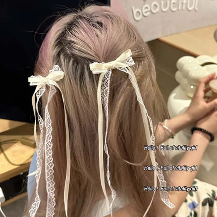 Korean Lace Cream White Bow Ribbon Hair Clip for Women Hairpins Bullet Style Side Shredded Hairpin Headpiece Clip New Headwear