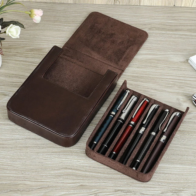 Leather Pen Storage Box Holder 6 Packs Handmade Creative Drawer Type Office Fountain Pen Case Storage Organizer Office Supplies