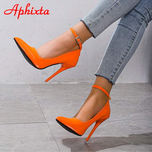 Aphixta Orange New Luxury Crystals Buckle Pimp Super High 12cm Stiletto heels Pumps Women Shoes Pointed Toe Colorful Party Pumps