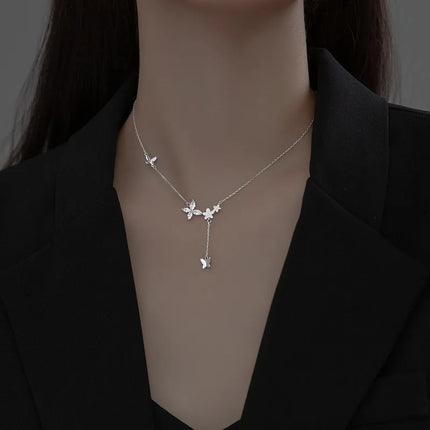 925 Sterling Silver Flower Necklace Female Simple Temperament Shiny Zircon Butterfly Tassel Clavicle Chain Wedding Jewelry Gift