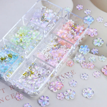 1Set Shiny 3D Flower Charms Nails Parts Mixed Pearl Rhinestone Decoration Accessories Kawaii Nail Art Jewelry Stylist Supplies