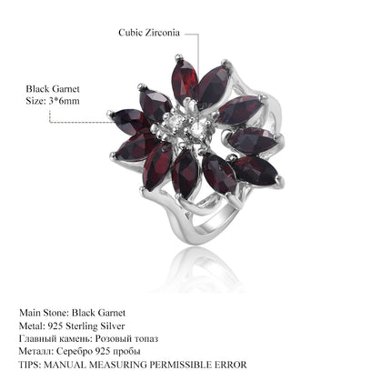 GEM'S BALLET Vintage Cluster Ring Pear Natural Black Garnet Gemstone 925 Sterling Silver Statement Rings for Women