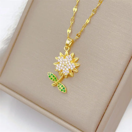 Classic and Charming Micro-embellished Sunflower Necklace, Fashionable and Luxurious, Stainless Steel Clavicle Chain