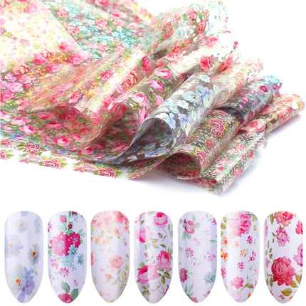 10pcs Holographic Nail Foil Slider Mix Flower Designs Set Transfer Nails Stickers Floral Prints Manicure Decal Art Decoration