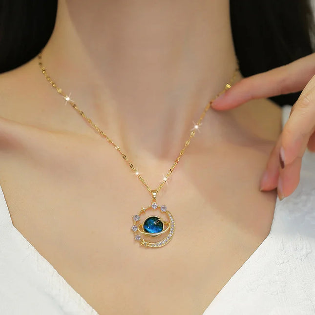 Exquisite Starry Sky Planet Light Luxurious Temperament Gorgeous Necklace Stars and Moon Versatile Stainless Steel Clavicle Chai