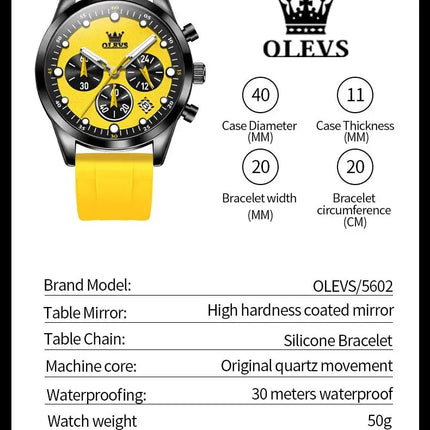 OLEVS Original Men's Watches Multifunctional Chronograph Fashion Trend Yellow Rubber Strap Luminous Waterproof Quartz Watch Men