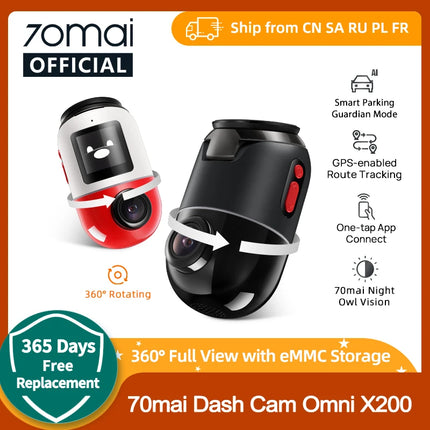 70mai Dash Cam Omni X200 360° Full View Built-in GPS ADAS 70mai Car DVR X200 Camera 24H Parking Monitor eMMC Storage AI Motion