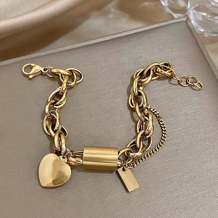 Punk Chunky Gold Color Thick Chain Stainless Steel Bracelets for Women Fashion Design Heart Love Pendant Wrist Jewelry Gift