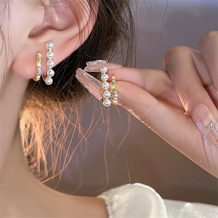 Korean Shiny Crystal Rhinestone Pearl Earrings for Women Girl Geometry Handcrafted Micro Paved Flower Heart Stud Earring Jewelry