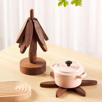 Wooden Trivets for Hot Dishes Folding Tree Shape Black Walnut Table Mat Holders Heat Insulated Pad Set Coasters for Pots