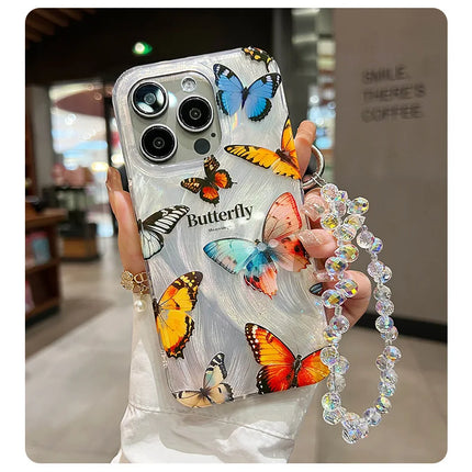 Luxury Letter Butterfly Silver Gradual feather sand Phone Case For iPhone 15 14 13 12 11 Pro Max X XR 7 Plus Tpu Lanyard Cover