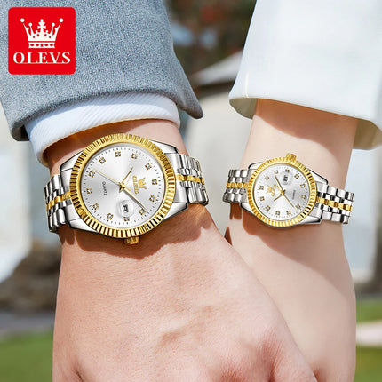 OLEVS 5526 Top Luxury Lover's Wristwatch Stainless Steel Waterpoof Calendar Clock Diamond Lap Quartz Couple Watch for Men Women