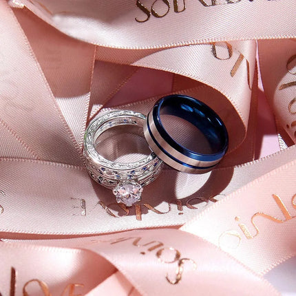 Trendy Couple Rings For Men Blue Stainless Steel Ring Women Heart Rhinestones Zirconi Ring Set Bridal Wedding Engagement Jewelry