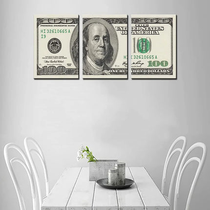 3 Panels 100 Bill Dollar Cash Collection Canvas Wall Art for Living Room Wall Decor Canvas Painting Posters for Home Decor