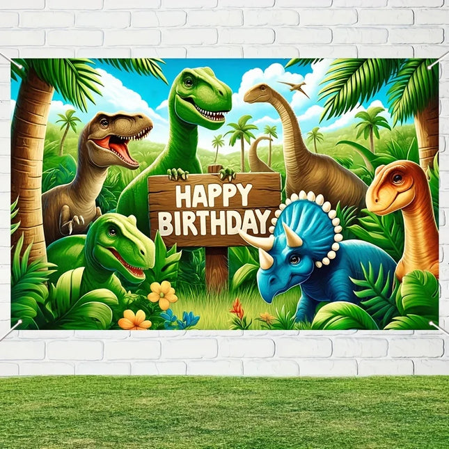 Dinosaur Jungle Birthday Party Backdrop  Polyester Photo Booth Background With Balloons & Flowers, Versatile Indoor