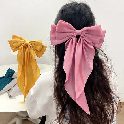 Elegant Bow Ribbon Hair Clip Fashion Simple Solid Satin Spring Clip Hair Pin Retro Headband with Clips Girls Hair Accessories