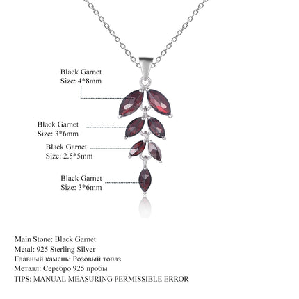 Gem's Ballet Olive Branch Peace Necklace Natural Black Garnet Gemstone Pendant Necklace in 925 Sterling Silver with 18" Chain