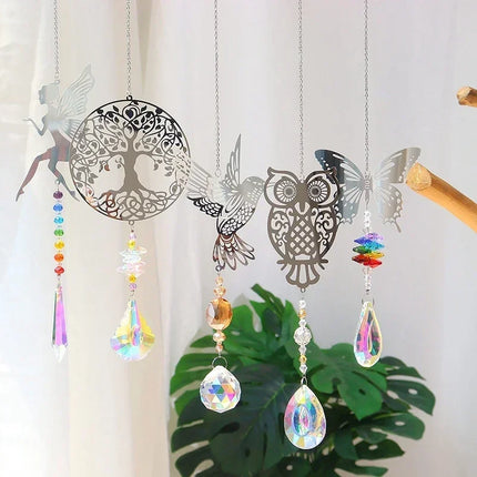 Hanging Crystal Wind Chimes Sun Catcher Fairy Butterflies Stained Glass Sun Catcher Window Drop Bell for Room Garden Decor