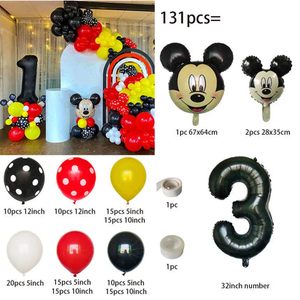 131pcs Disney Balloon Set Mickey Minnie Head Aluminum Balon 32 Inch Black Digital Ballon Baby Shower Happy Birthday Decoations