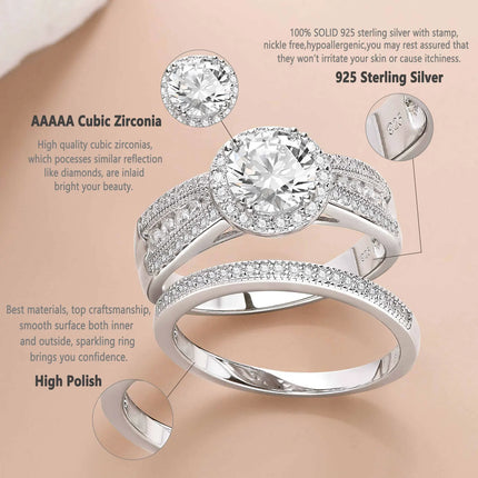 Newshe 925 Sterling Silver Jewellery 2Ct Bridal Sets Wedding Ring for Women AAAAA Round Cut Cubic Zircon Radiant Engagement Band