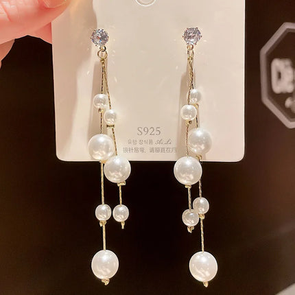 Elegant Pearl Tassel Drop Earrings with Crystal Detail - Bohemian Style Wedding Jewelry