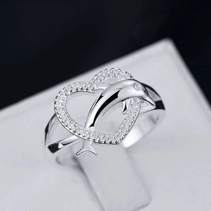 High quality 925 Sterling Silver fine Love dolphins heart Rings For Women Couple gifts Fashion Party wedding Jewelry