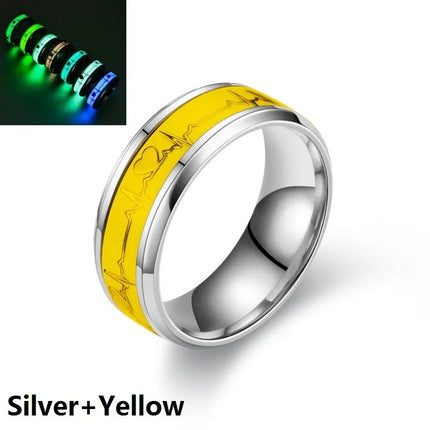 SMJEL Fashion Heartbeat Luminous Ring for Women Men Fluorescent Rings Heart Glow In Dark Stainless Steel Couple Ring JewelryGift