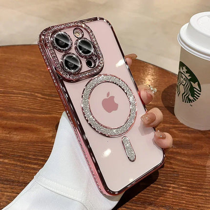 Clear Bling Crystal Phone Case For iPhone 15 14 11 12 13 Pro Max Plus For Magsafe Magnetic Wireless Charging Lens Film Cover