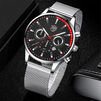 Mens Fashion Sports Watches Men Business Casual Quartz Wrist Watch Luxury Silver Stainless Steel Mesh Belt Watch