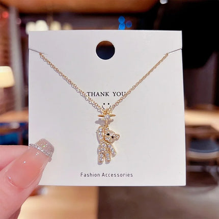 Stainless Steel Cute Bear Pendant Necklace for Women Jewelry Chains Necklaces Zirconia Luxury Choker Korea Wholesale