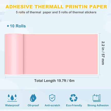 10 Rolls 2.2in x 19ft Thermal Printer Paper Rolls for Mini Pocket Printer White Colors Sticky Receipt Paper Rolls POS Papers