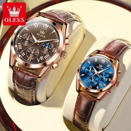 OLEVS Lover Watches Top Brand Luxury Couple Quartz Watch Waterproof Leather Chronograph Watch for Women and Men Couple Gift