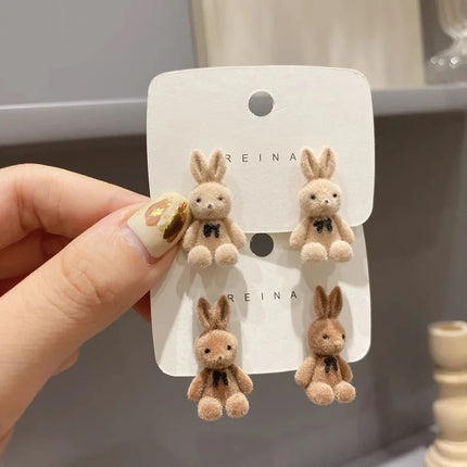 Cute Flocking Rabbit Ear Studs - Brown Animal Silver Needle Earrings