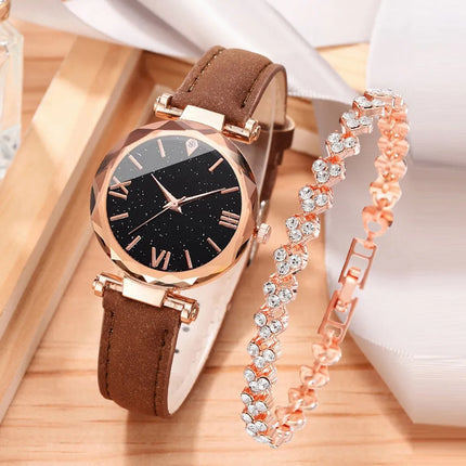 2pcs Luxury Fashion Women Watch Set PU Leather Strap Ladies Quartz Wristwatch Rhinestone Alloy Bracelet For Ladies Gift