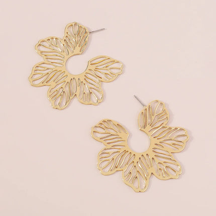 Creative Hollow Big Flower Leaf Metal Drop Earrings For Women New Exaggerated Temperament Gold Color Personality Jewelry