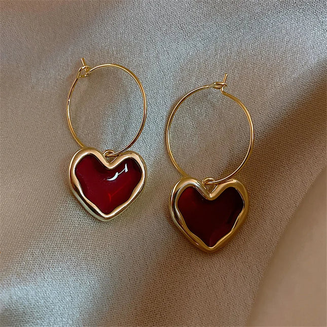 Vintage Gold Tone Enamel Heart Dangle Earrings with Peach Love Charm - Women's Fashion Jewelry