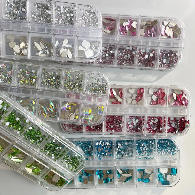 Hot Selling 12 Grids Nail Art Rhinestones Jewelry Set Multi-shapes Colorful Flatback Nail Charms Diamonds 3D Nails Accessories