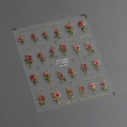 Gold Silver Pink Red Rose Flowers 3D Self Adhesive Nail Art Decorations Stickers High Quality Fashion Manicure Decals Wholesale