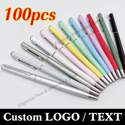 100 Pcs Advertising Pen Free Custom LOGO Metal Ballpoint Pen Wholesale Lettering Engraved Name Hotel Gift Pen Office Supplies