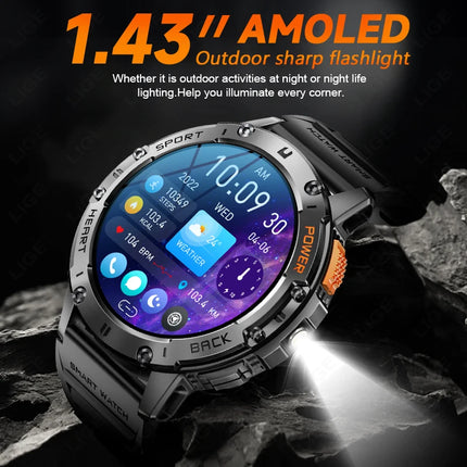 LIGE Outdoor Smartwatch Men 1.43" AMOLED HD Screen 530mAh Battery Sports Fitness Tracker Bluetooth Call LED Lighting Smart Watch