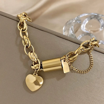 Punk Chunky Gold Color Thick Chain Stainless Steel Bracelets for Women Fashion Design Heart Love Pendant Wrist Jewelry Gift