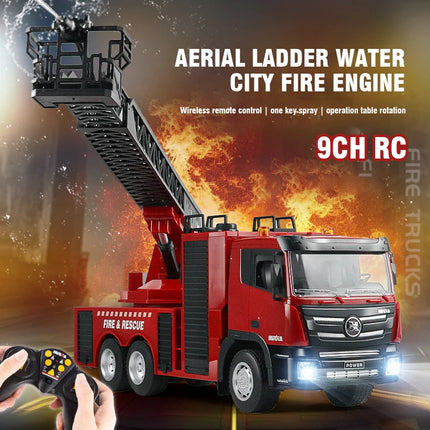 HUINA 1:18 9 Channel Remote Control Alloy Fire Sprinkler Truck Toys for Boys Girls LED RC Fire Fighting Truck with Aerial Ladder