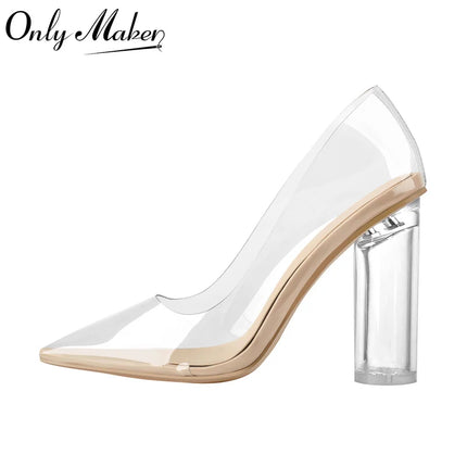 Onlymaker Women Pointed Toe PVC Clear High Heels Pumps Buckle   Chunky  Transparent Strip  Big Size Summer Pumps