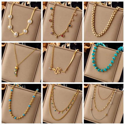 DIEYURO 316L Stainless Steel Gold Color Pearl Green Stone Snake Necklace For Women High Quality Girls Neck Jewelry Party Gifts