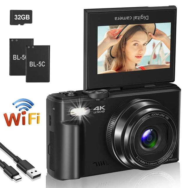 4K compact digital photography camera, 18x digital zoom, vintage vlog video recorder for YouTube, 180° flip screen, WiFi webcam