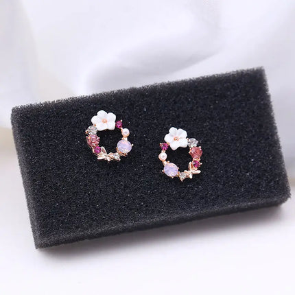 Colorful Enamel Crystal Rhinestone Stud Earrings - Trendy Korean Flower Wreath Jewelry