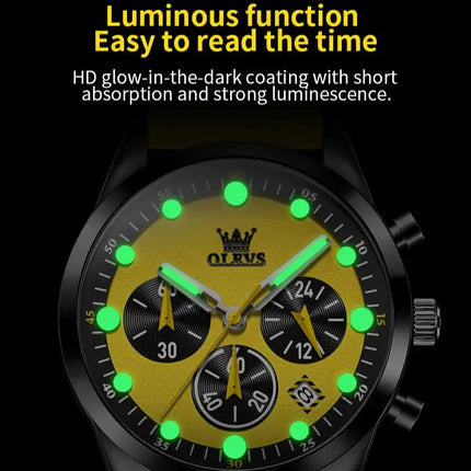 OLEVS Original Men's Watches Multifunctional Chronograph Fashion Trend Yellow Rubber Strap Luminous Waterproof Quartz Watch Men