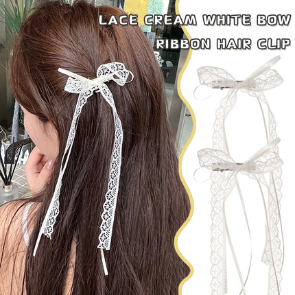 Korean Lace Cream White Bow Ribbon Hair Clip for Women Hairpins Bullet Style Side Shredded Hairpin Headpiece Clip New Headwear